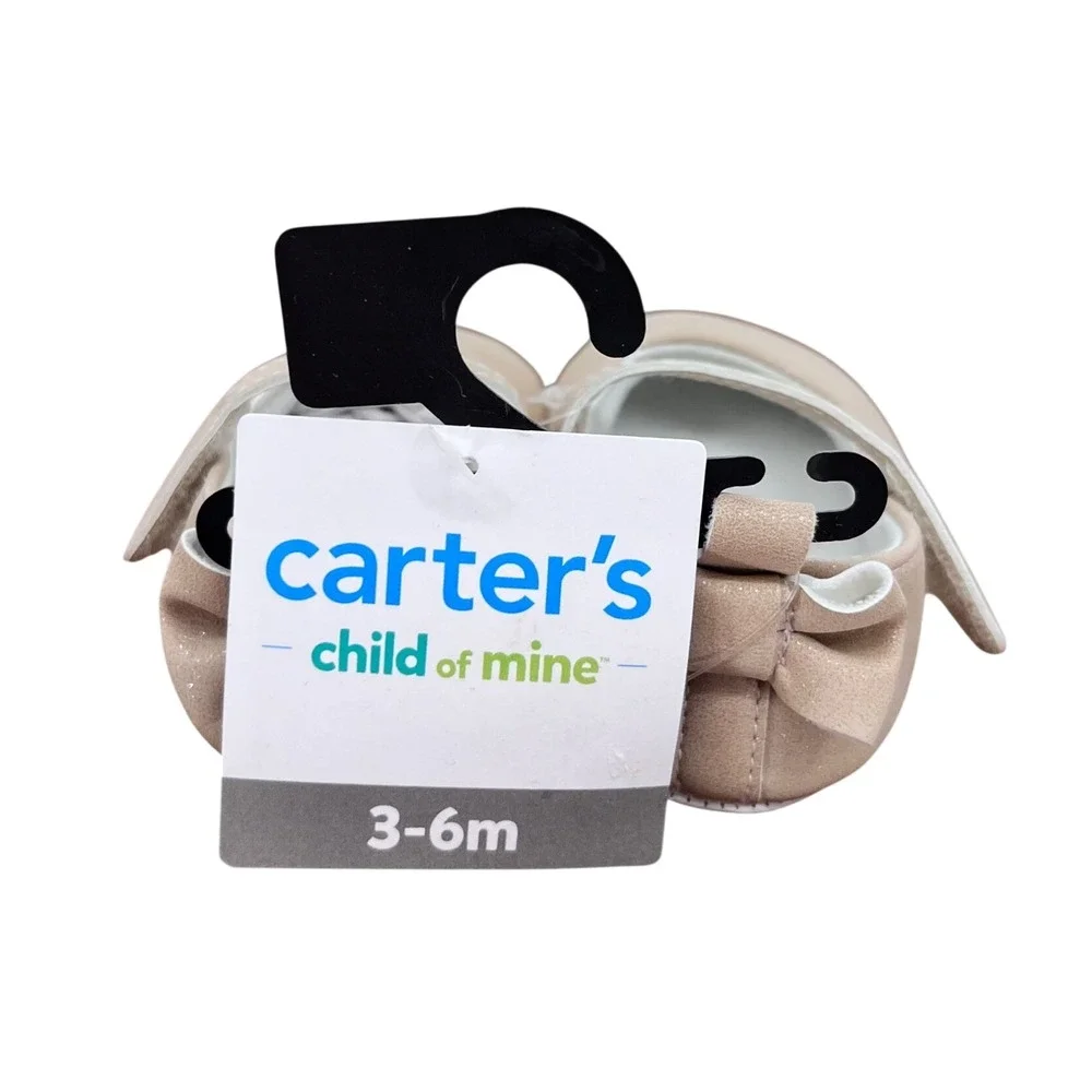 Carter's‎ Mary Jane Flats Girls 3-6M Champagne Shimmer Bow Heel Soft Sole Shoes